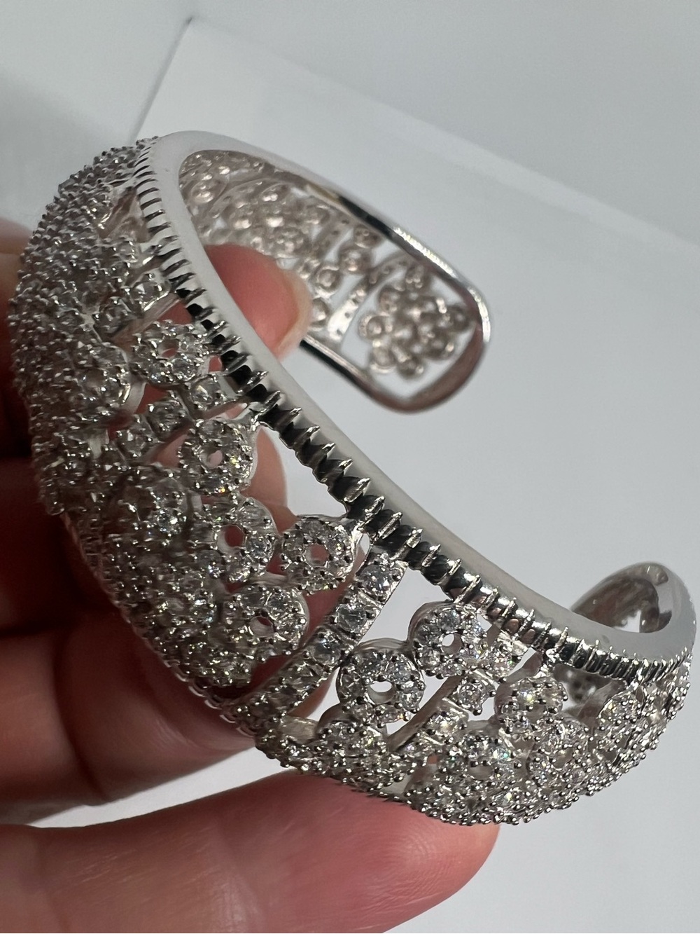 Joseph Esposito Sterling Silver CZ Floral Cuff Bracelet